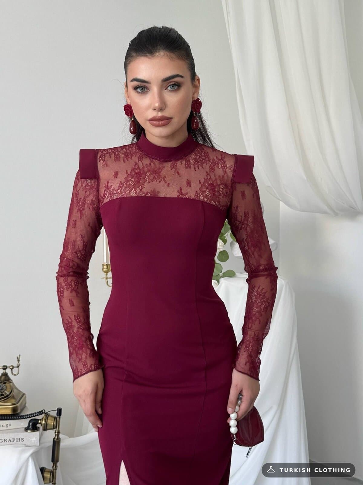 Ceaz Transparent Detailed Dress — Burgundy – wholesale Women's Dresses by Etika, Turkish clothing manufacturer