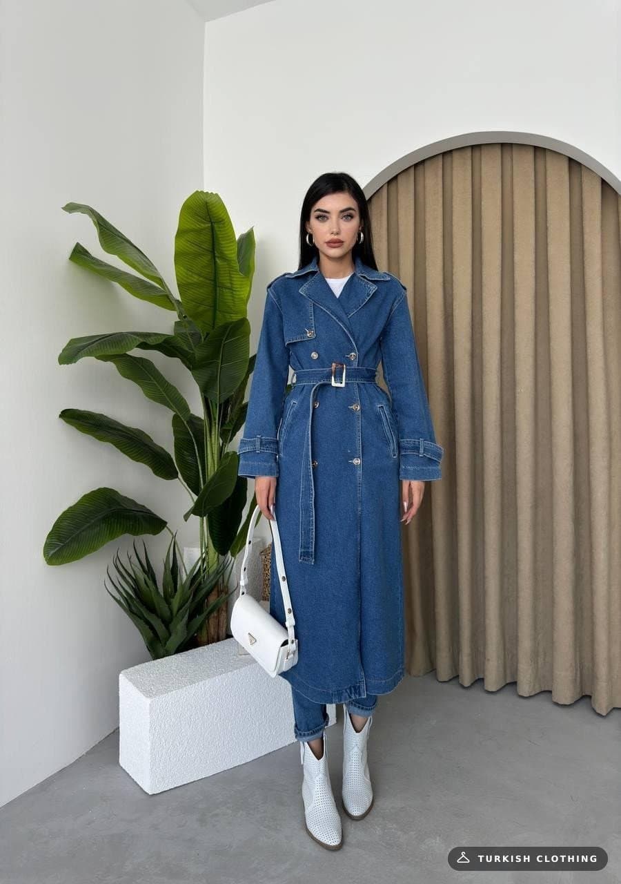 Long Denim Jacket with India Belt — Dark Blue – wholesale Denim by Etika, Turkish clothing manufacturer