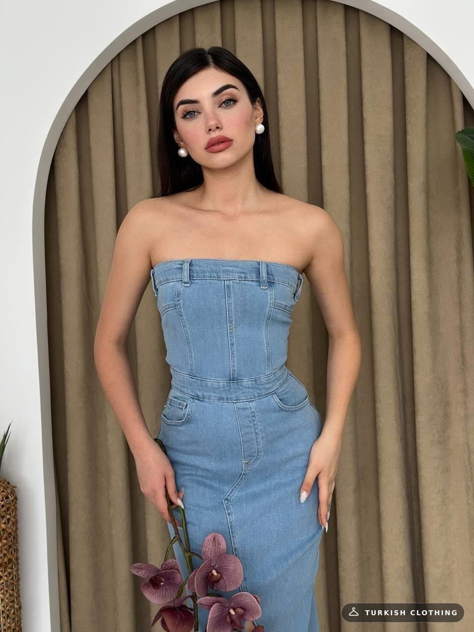 Sonic Strapless Dress — Light Blue – wholesale Denim by Etika, Turkish clothing manufacturer