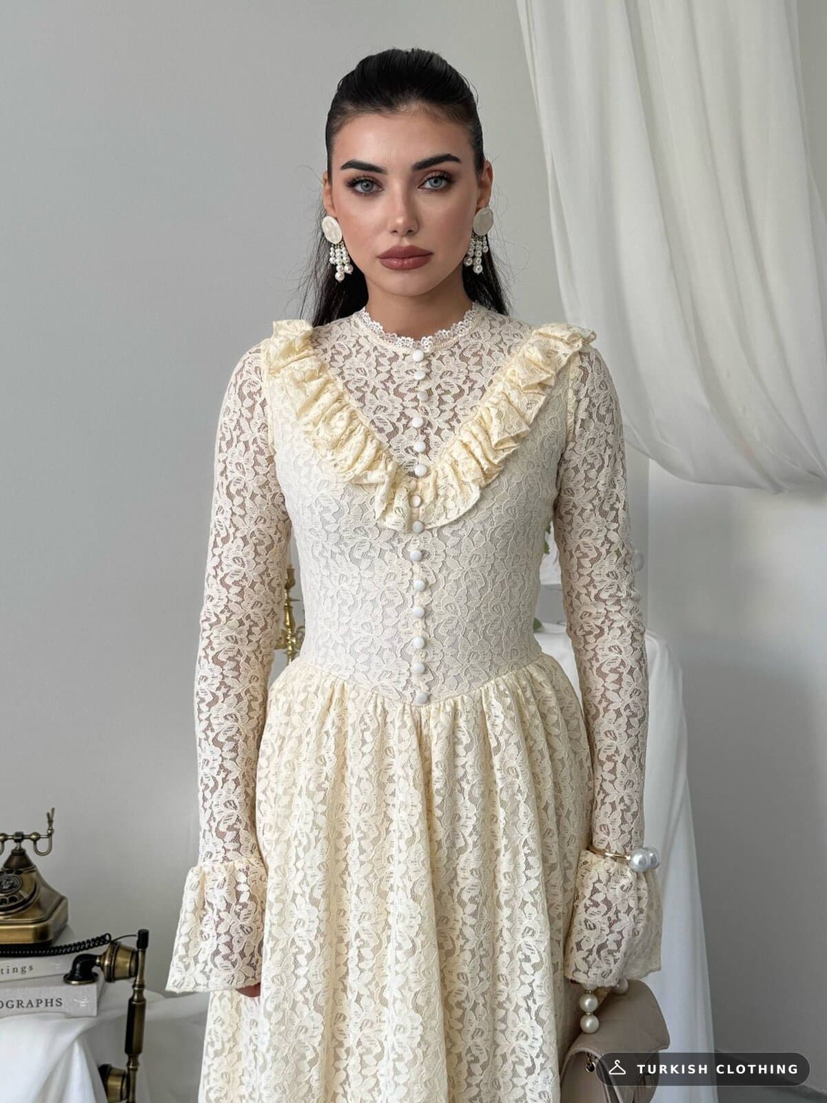 Veyun Midi Dress — Beige in Lace – wholesale Women's Dresses by Etika, Turkish clothing manufacturer