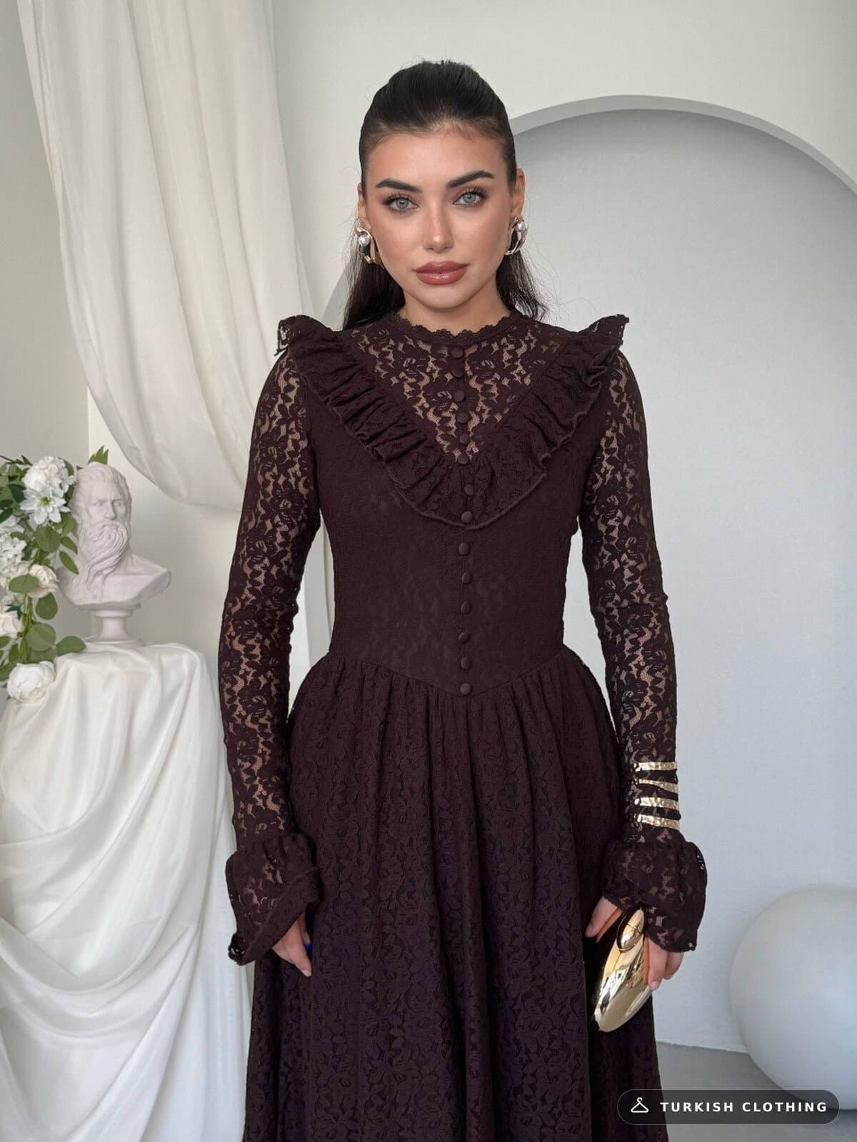 Veyun Midi Dress — Brown in Lace – wholesale Women's Dresses by Etika, Turkish clothing manufacturer