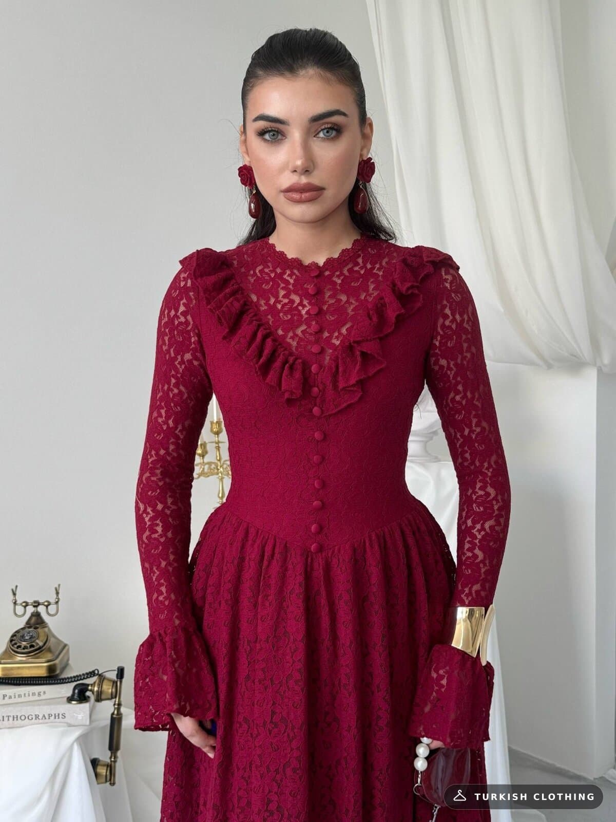 Veyun Midi Dress — Burgundy in Lace – wholesale Women's Dresses by Etika, Turkish clothing manufacturer