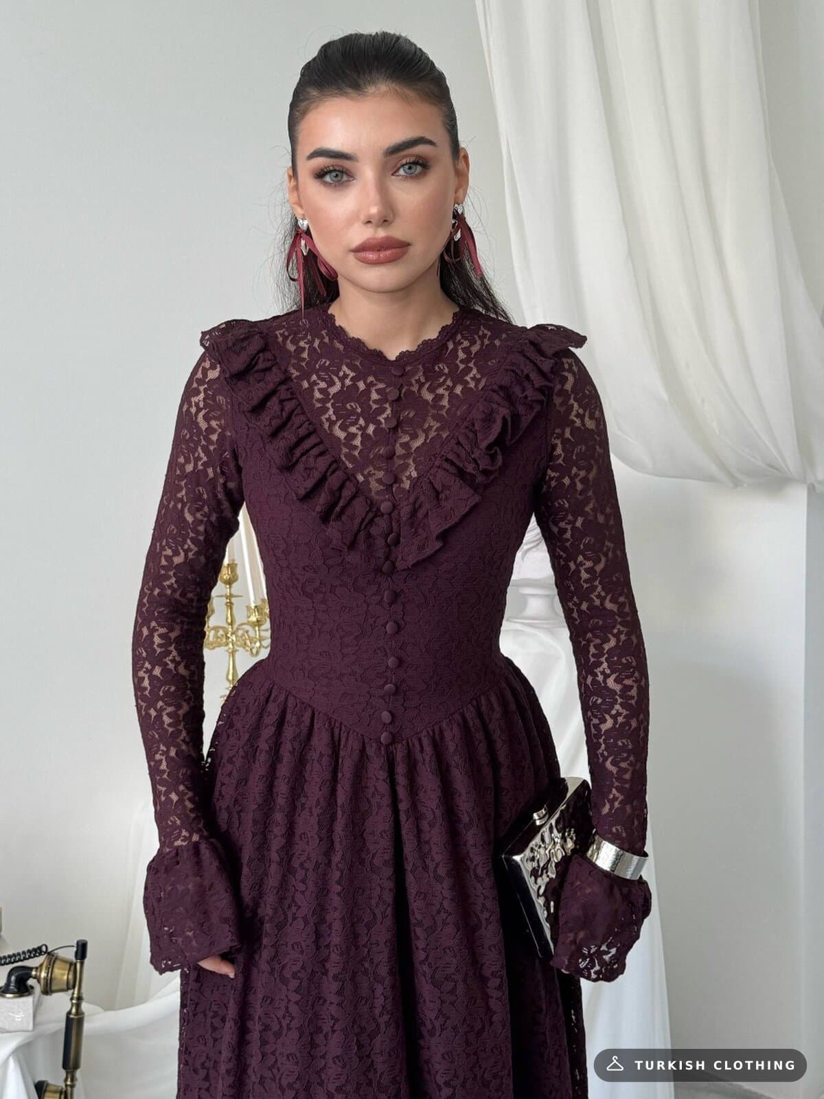 Veyun Midi Dress — Plum in Lace – wholesale Women's Dresses by Etika, Turkish clothing manufacturer