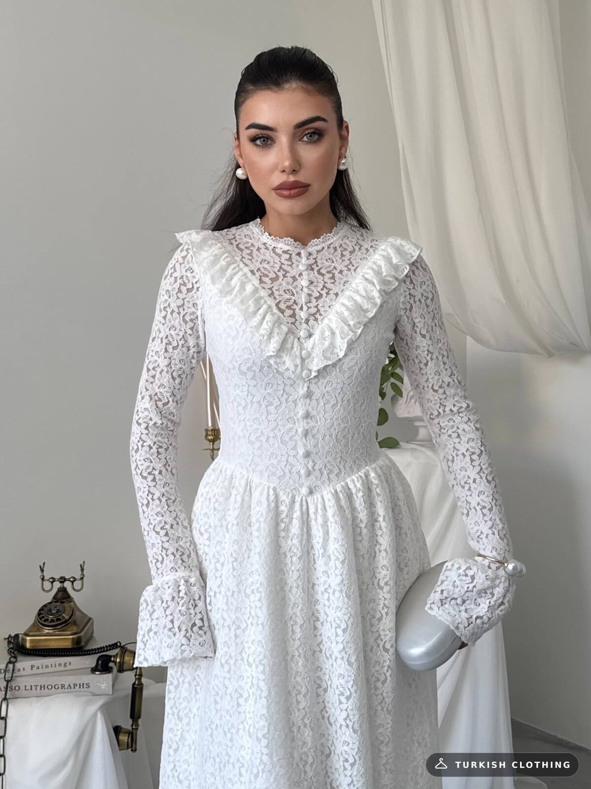 Veyun Midi Dress — White in Lace – wholesale Women's Dresses by Etika, Turkish clothing manufacturer