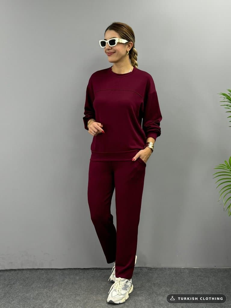 Women's Long Sleeve Crew Neck Viscose Two-Thread Blouse Ve Trousers Two-Piece Set, 26774 — Burgundy – wholesale Outerwear by