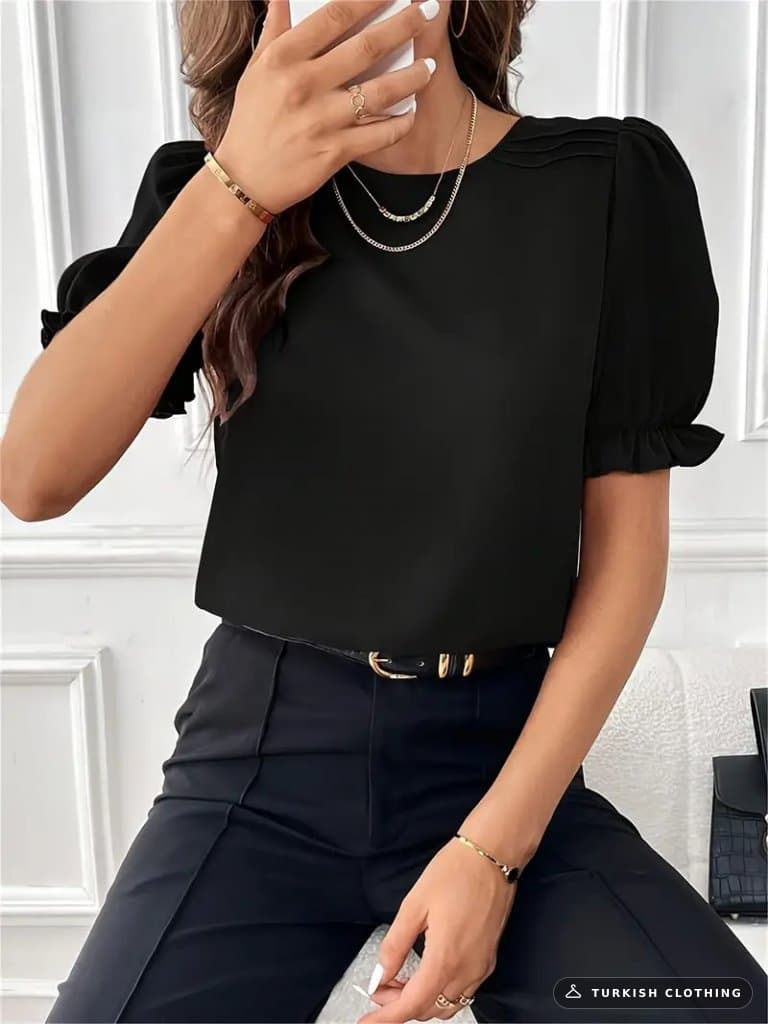 Women's Short Sleeve Crew Neck Sleeves Gimped Imported Crepe Blouse, 15936 – wholesale Shirts by Janes, Turkish clothing