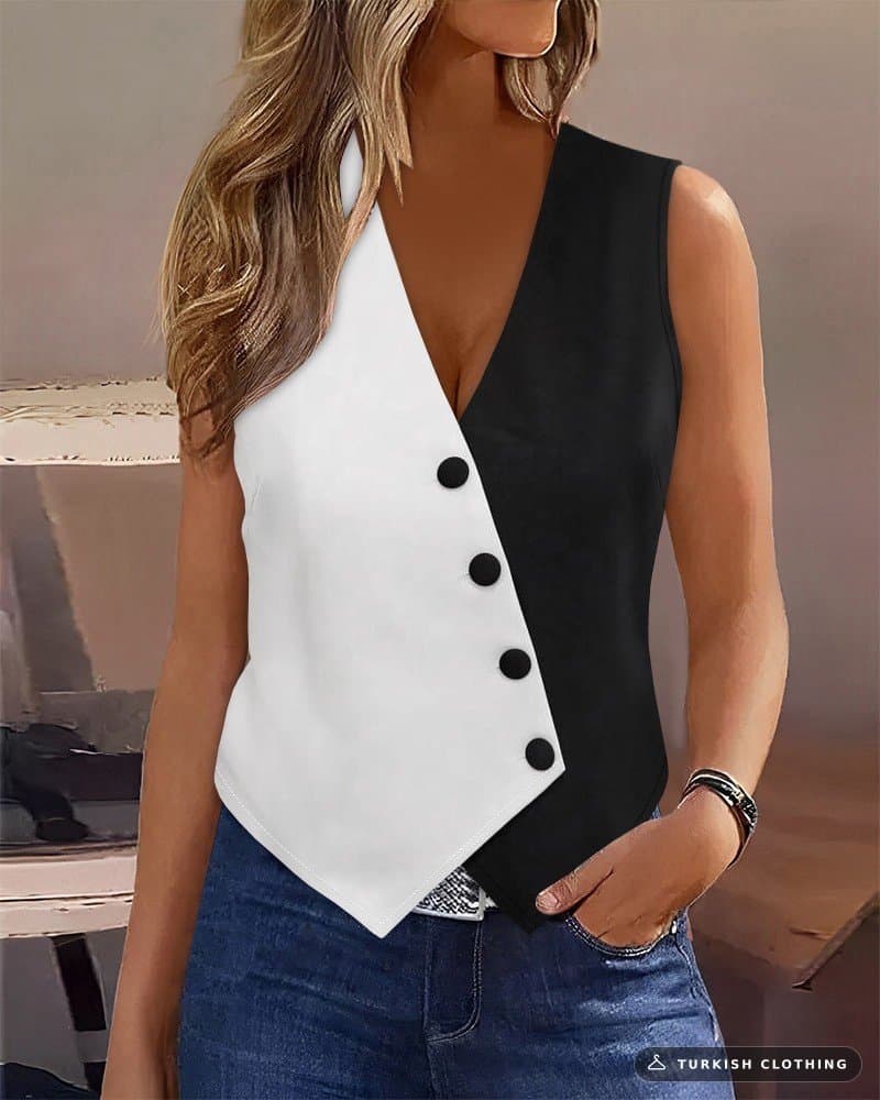 Women's Zero Sleeve V-Neck Buttoned Blok Colourful Atlas Vest, 24441 – wholesale Outerwear by Janes, Turkish clothing