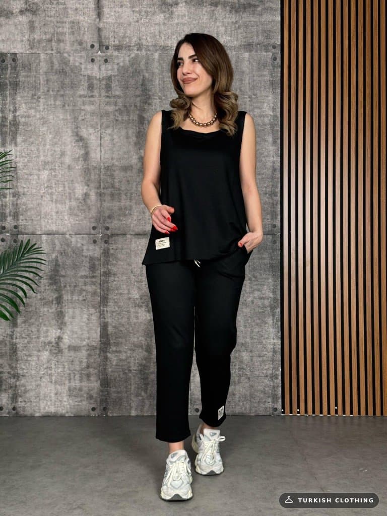 Women's Strappy Round Collar Viscose Two-Thread Blouse Ve Tracksuit Under Two-Piece Set — Black – wholesale Outerwear by