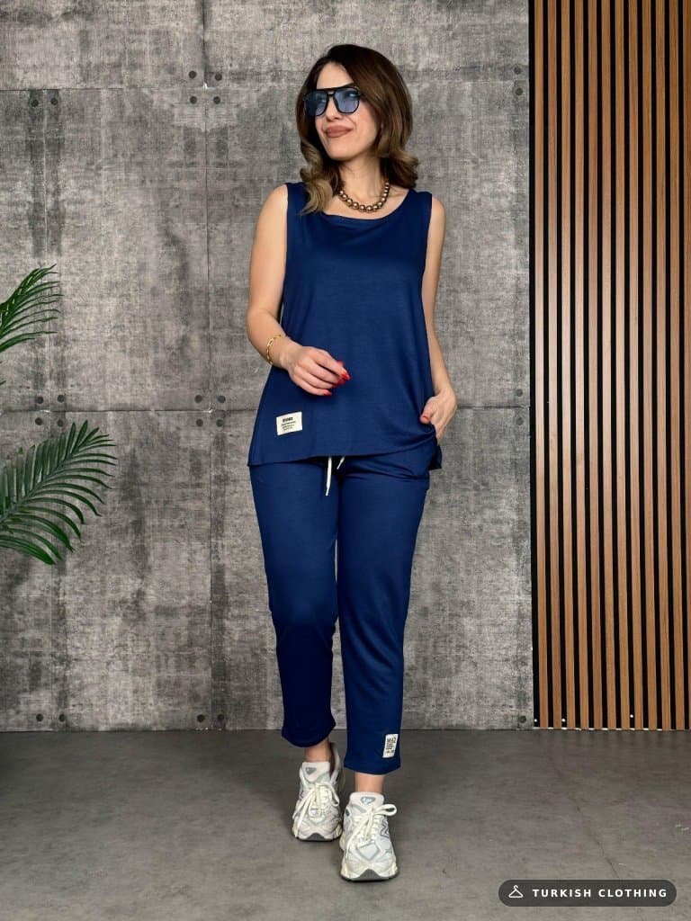 Women's Strappy Round Collar Viscose Two-Thread Blouse Ve Tracksuit Under Two-Piece Set — Navy – wholesale Outerwear by
