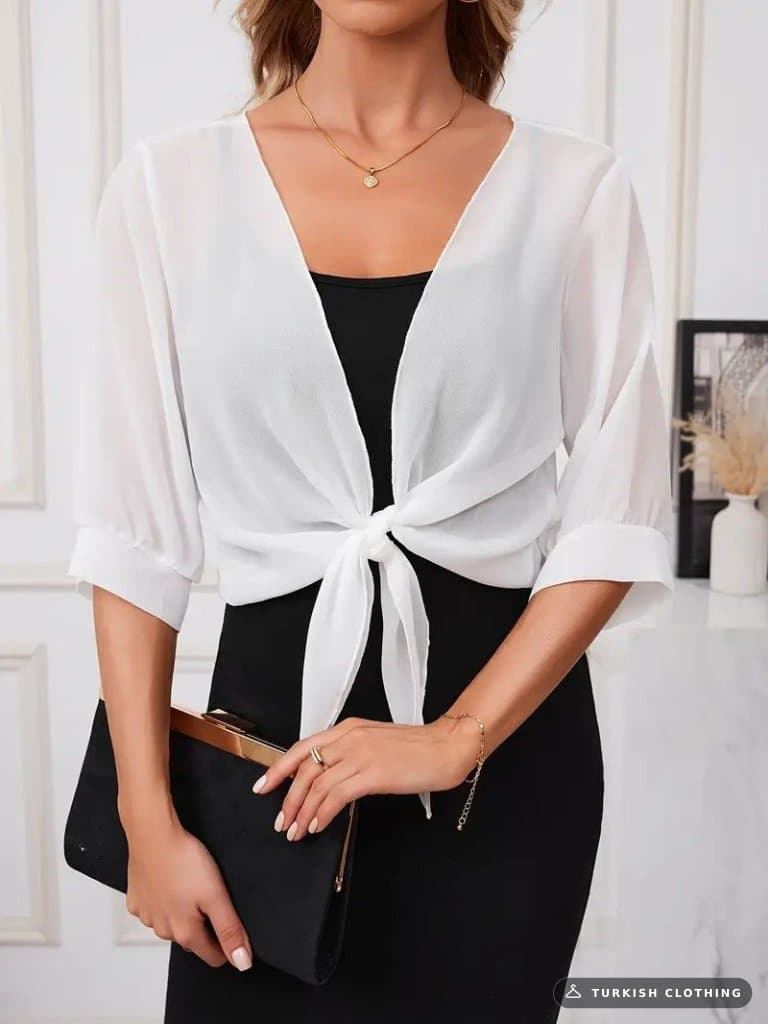 Women's Three-Quarter Sleeve Front Tie-Fastening Short Chiffon Bolero Jacket, 25355 — White – wholesale Outerwear by Janes,