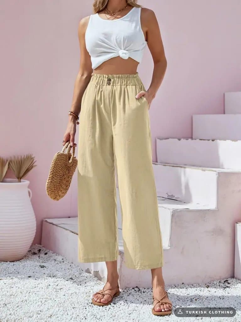 Women's Waist Gather Ve Button Detail Kapri Keten Trousers, 24633 — Beige – wholesale Trousers by Janes, Turkish clothing