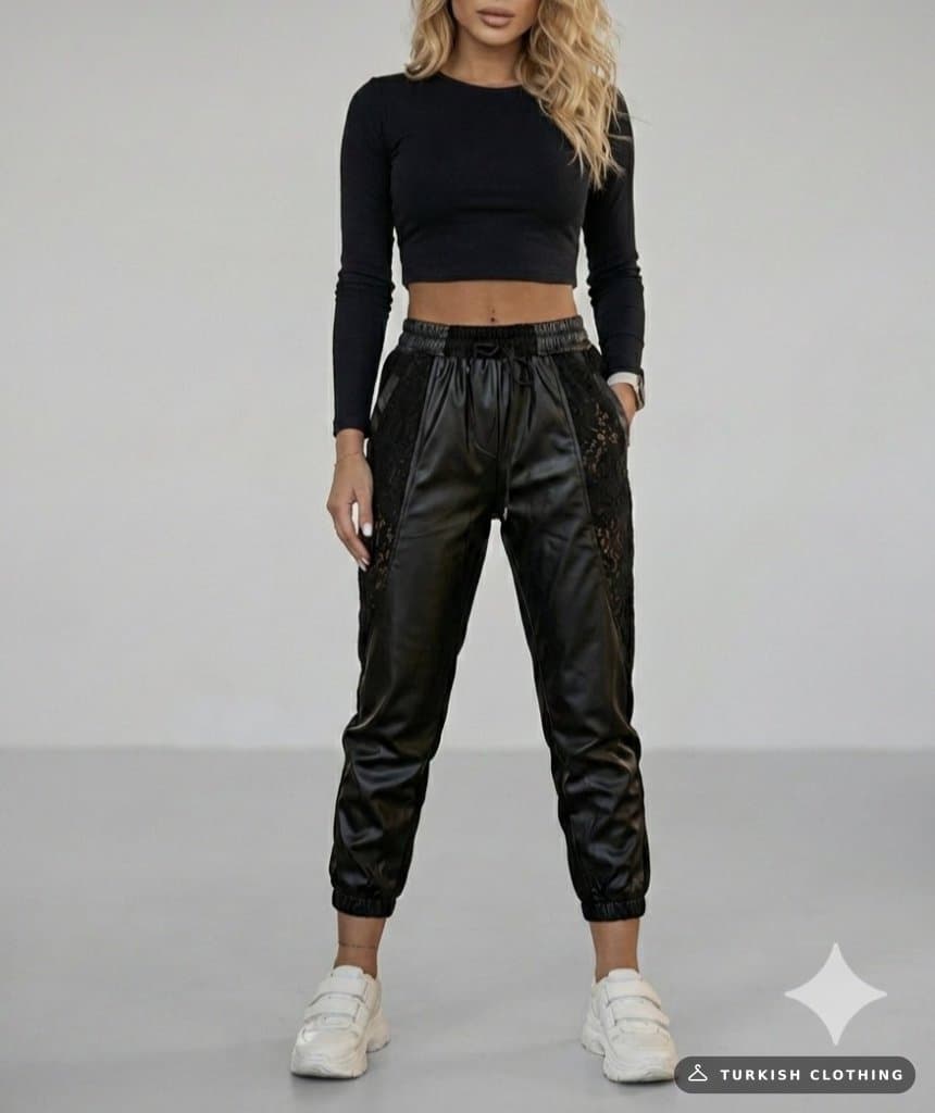 Women's High Waist Elasticated Yanda Lace Detailed Tie Fastening Leather Trousers — Black – wholesale Trousers by Janes,