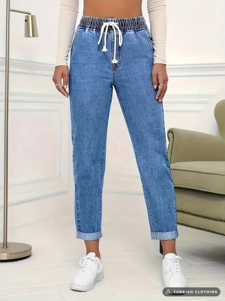 Women's High Waist Tie Fastening Denim Trousers, 29749 — Blue – wholesale Trousers by Janes, Turkish clothing manufacturer